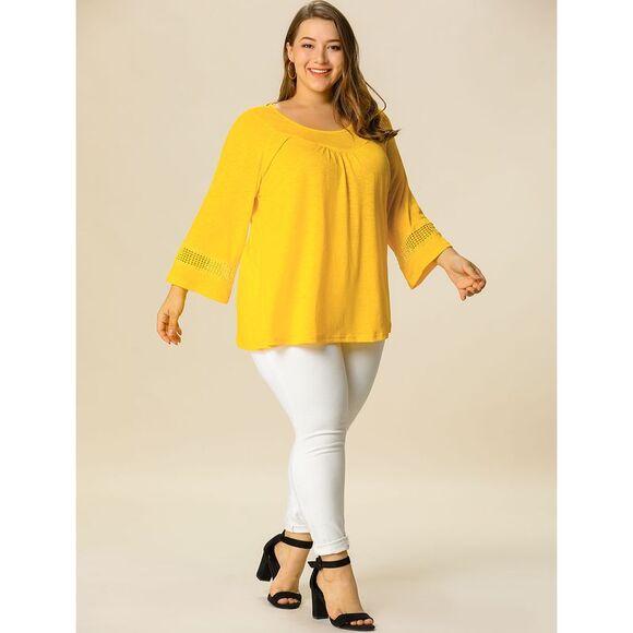 Women's Plus Size Crochet Panel Kimono Raglan Sleeves Tops Yellow - Picture 3 of 6